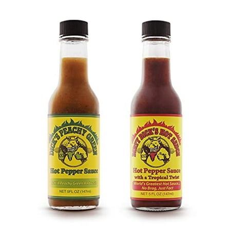 Dirty Dicks Hot Sauce Combo  5 Fl Oz (Pack of 2) - Original Bold & Spicy and Peachy Green Sweet & Spicy Flavors