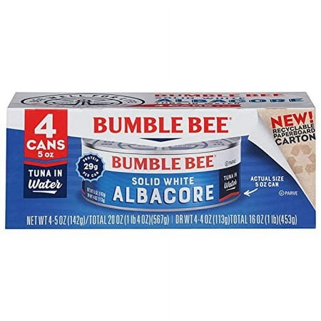 Bumble Bee Solid White Albacore Tuna in Water  5 Oz Can (Pack of 4) - Wild Caught Tuna - 29g Protein per Serving - Non-GMO Project Verified  Gluten Fr