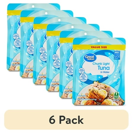 (6 Pack) Great Value Premium Wild Caught Chunk Light Tuna in Water  6.4 Oz  Pouch