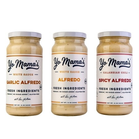 Yo Mama’s Foods Variety Pack (3) 16 Oz Glass Bottles | Classic (1)  Garlic (1)  and Spicy (1) Alfredo Sauce Is Low Carb  Paleo  Gluten Free  Low Cal