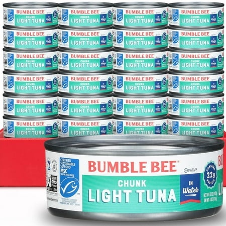 Bumble Bee Chunk Light Tuna in Water  5 Oz Cans (Pack of 24) - Wild Caught - 22g Protein per Serving - Non-GMO Project Verified  Gluten Free  Kosher -