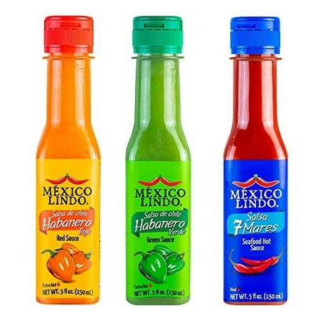 Mexico Lindo Hot Sauce Variety Pack | Includes One Red Habanero  One Green Habanero & One 7 Mares Hot Sauces | 5 Fl Oz Bottles (Pack of 3)