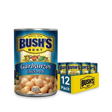Bush S Best 16 Oz Canned Garbanzo Beans (Chickpeas)  Source of Plant Based Protein and Fiber  Vegetarian  Low Fat  Gluten Free  (Pack of 12)