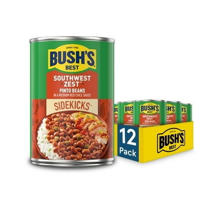Bush S Best 15 Oz Canned Southwest Zest Pinto Beans  Source of Plant Based Protein and Fiber  Low Fat  Gluten Free  (Pack of 12)