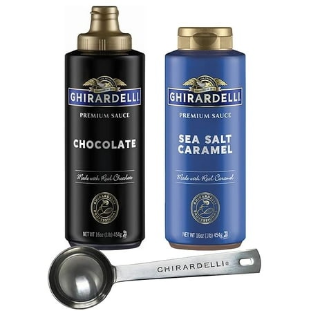Ghirardelli Sea Salt Caramel and Chocolate Flavored Sauce 16 Oz Squeeze Bottles (Pack of 2) with Ghirardelli Stamped Barista Spoon