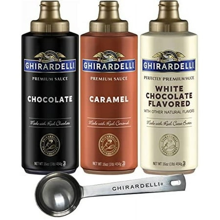 Ghirardelli Chocolate Sauce  White Chocolate Flavored Sauce  Caramel Sauce 16 Oz Squeeze Bottles (Pack of 3) with Ghirardelli Stamped Barista Spoon
