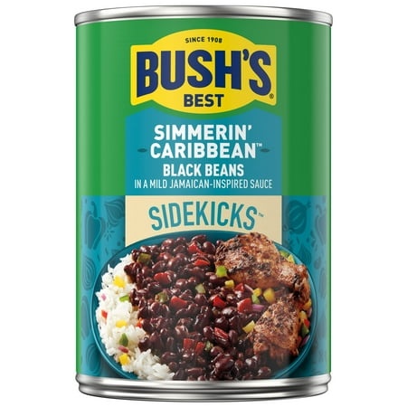 Bush S Best 15.2 Oz Canned Black Beans Simmerin  Caribbean Sidekicks  Source of Plant Based Protein and Fiber  Low Fat  Gluten Free  (Pack of 12)