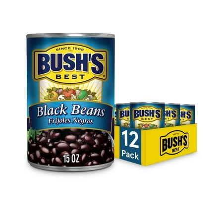 Bush S Best 15 Oz Canned Black Beans  Source of Plant Based Protein and Fiber  Low Fat  Gluten Free  (Pack of 12)