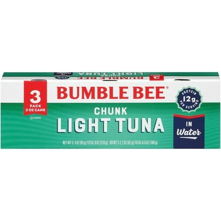 Bumble Bee Chunk Light Tuna in Water  3 Oz Can (Pack of 3) - Wild Caught Tuna - 12g Protein per Serving - Non-GMO Project Verified  Gluten Free  Koshe