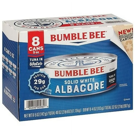 Bumble Bee Solid White Albacore Tuna in Water 5 Oz Can (Pack of 8) - Wild Caught Tuna - 29g Protein per Serving - Non-GMO Project Verified Gluten Free