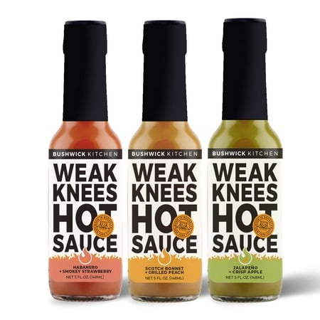 Bushwick Kitchen Weak Knees Hot Sauce Sampler Gift Set  Three (3) Bottles of Flavored Hot Sauces  5 Fl Oz Each