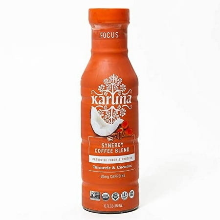 Karuna Whole Plant Synergy Organic Coffee Blend  Energy Focus Pack  Turmeric and Coconut Flavor  60Mg Caffeine  Non GMO  Gluten Free  12 Fl Oz (6-Pack