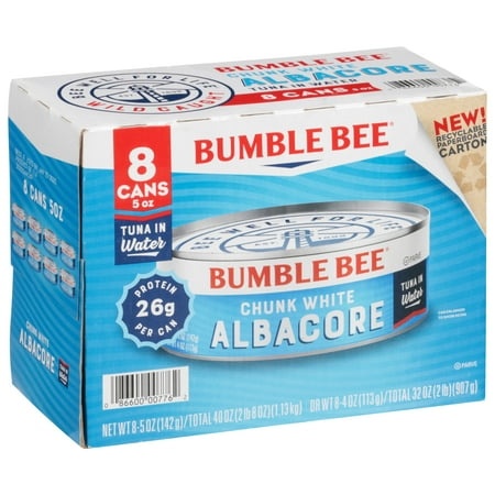 Bumble Bee Chunk White Albacore Tuna in Water  5 Oz Cans (Pack of 8) - Wild Caught Tuna - 26g Protein per Serving - Non-GMO Project Verified  Gluten F