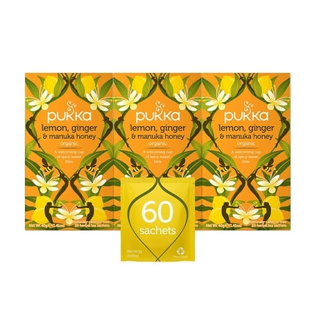 Pukka Organic Tea Bags  Lemon  Ginger & Manuka Honey Herbal Tea  Perfect for Everyday Wellness  20 Count (Pack of 3) 60 Tea Bags