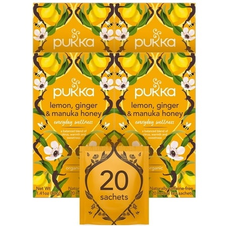 Organic Lemon  Ginger & Manuka Honey Herbal Tea  Caffeine Free  Fair Trade  Kosher  USDA Certified Organic  20 Tea Sachets (Pack of 4)