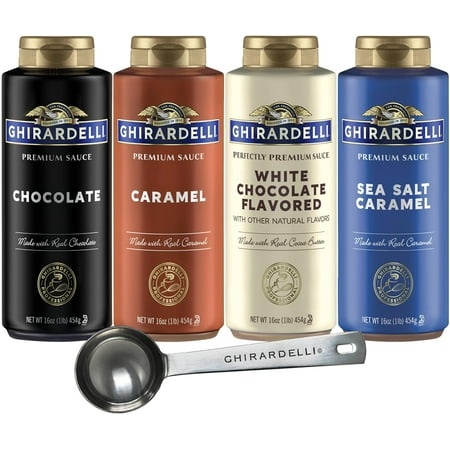 Chocolate  Caramel  White Chocolate and Sea Salt Caramel Flavored Sauce 16 Oz Bottles (Pack of 4) with Stamped Barista Spoon