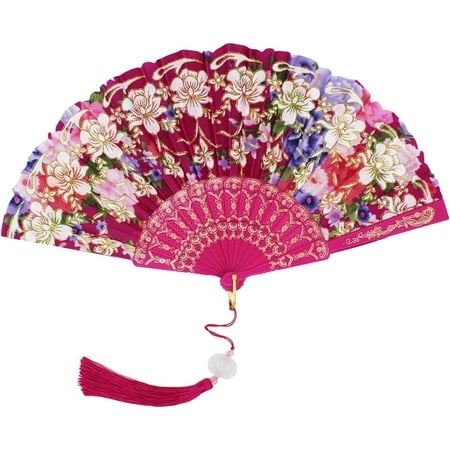 FIGT-Summer Breeze Fan Folding Hand Fan Lightweight Exquisite Floral Pattern Decorative Fan for Weddings Parties Folding Fan Rose Red a【0516】