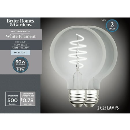 better homes & gardens 6.5w (60w equivalent) daylight dimmable g25 white filament light bulbs e26 base 2 pack