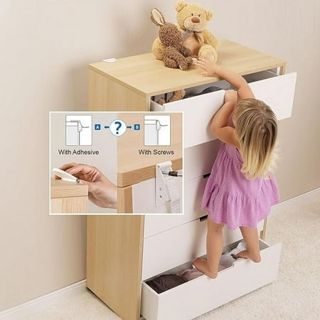 Qdos Zero-Screw Furniture Anti-Tip Kit | White | Patent Pending SecureHooks Anchor Holds up to 200 Lbs in Drywall!- Easy Installation  No Screws  No T