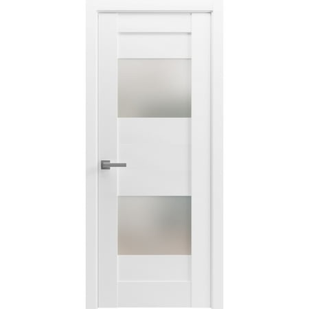 Solid French Pre-Hung Door Opaque Glass 2 Lites / Sete 6222 White Silk / Single Regular Panel Frame Handle / Bathroom Bedroom Modern Doors -36  X 96