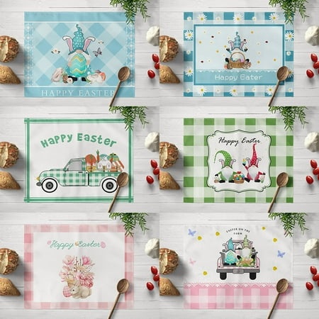 Happy Easter Placemats - Set of 6  Easter Gnome Bunny Table Mats for Easter Decorations  Easter Eggs Place Mats  Blue Buffalo Plaid Placemats for Spri