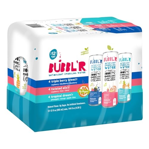 BUBBL'R Sparkling Water, 3 Flavors with Natural Caffeine, Triple Berry Breez'r, Twisted Elix'r, Tropical Dream'r, Antioxidants, 0 Sugar - 12 Fl Oz Can