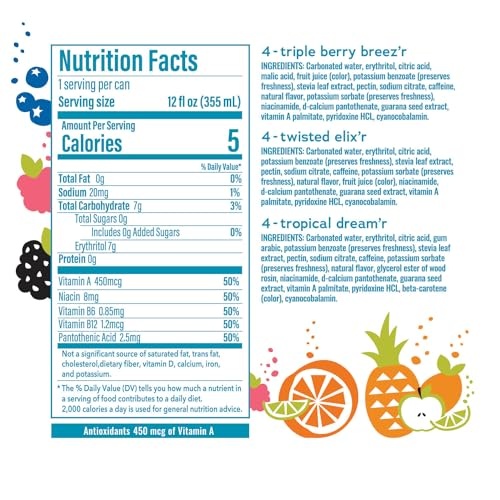 BUBBL'R Sparkling Water, 3 Flavors with Natural Caffeine, Triple Berry Breez'r, Twisted Elix'r, Tropical Dream'r, Antioxidants, 0 Sugar - 12 Fl Oz Can thumbnail