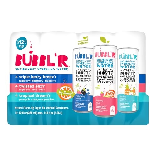 BUBBL'R Sparkling Water, 3 Flavors with Natural Caffeine, Triple Berry Breez'r, Twisted Elix'r, Tropical Dream'r, Antioxidants, 0 Sugar - 12 Fl Oz Can thumbnail