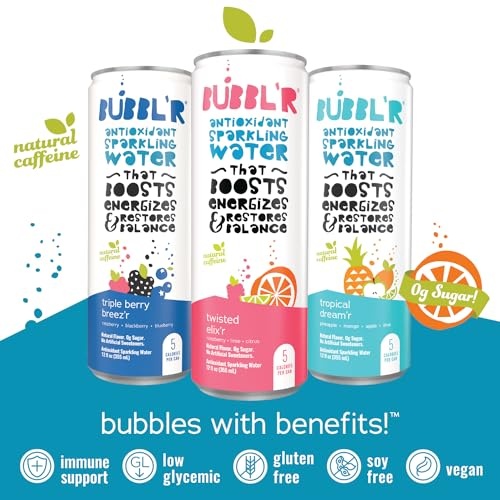 BUBBL'R Sparkling Water, 3 Flavors with Natural Caffeine, Triple Berry Breez'r, Twisted Elix'r, Tropical Dream'r, Antioxidants, 0 Sugar - 12 Fl Oz Can thumbnail