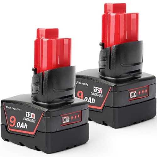 DKSIDKN 2 Pack 12V 9Ah Li-ion Replacement Milwaukee 12V Battery Compatible with Milwaukee 48-11-0490 48-11-2402 48-11-2411 48-11-2430 12V Cordless Too