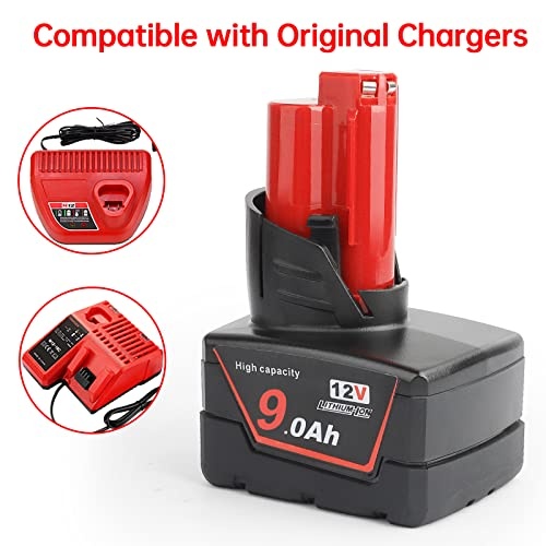 DKSIDKN 2 Pack 12V 9Ah Li-ion Replacement Milwaukee 12V Battery Compatible with Milwaukee 48-11-0490 48-11-2402 48-11-2411 48-11-2430 12V Cordless Too thumbnail