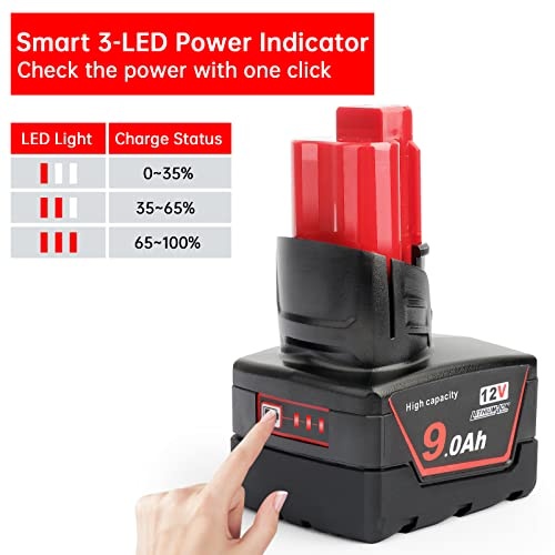 DKSIDKN 2 Pack 12V 9Ah Li-ion Replacement Milwaukee 12V Battery Compatible with Milwaukee 48-11-0490 48-11-2402 48-11-2411 48-11-2430 12V Cordless Too thumbnail