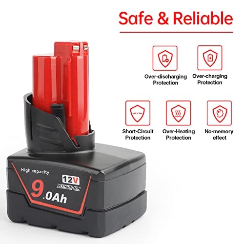 DKSIDKN 2 Pack 12V 9Ah Li-ion Replacement Milwaukee 12V Battery Compatible with Milwaukee 48-11-0490 48-11-2402 48-11-2411 48-11-2430 12V Cordless Too thumbnail