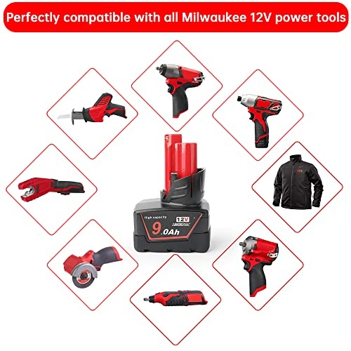DKSIDKN 2 Pack 12V 9Ah Li-ion Replacement Milwaukee 12V Battery Compatible with Milwaukee 48-11-0490 48-11-2402 48-11-2411 48-11-2430 12V Cordless Too thumbnail