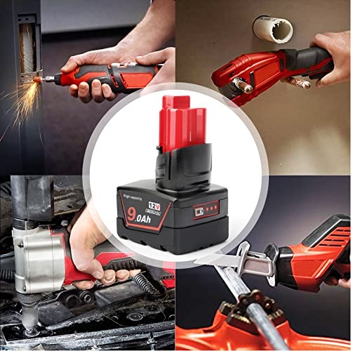DKSIDKN 2 Pack 12V 9Ah Li-ion Replacement Milwaukee 12V Battery Compatible with Milwaukee 48-11-0490 48-11-2402 48-11-2411 48-11-2430 12V Cordless Too thumbnail