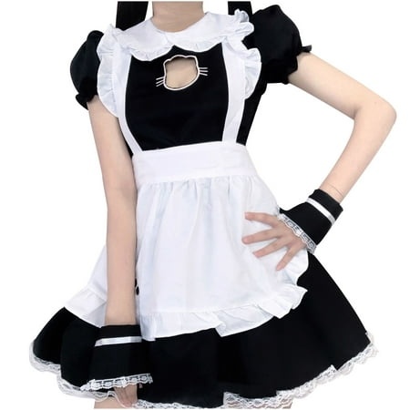 Gzea Sun Dress for Beach Vacation Women Maid Animation Show Restaurant CuteWork Crossdress Outfit Dress Black XXXL