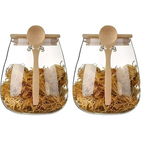 CHUNTIAN 16 Oz Airtight Glass Jar Storage Container with Bamboo Lid Set of 2  Wide Mouth  with a Spoon  Reusable  Can Be Used for Coffee Beans  Tea Le