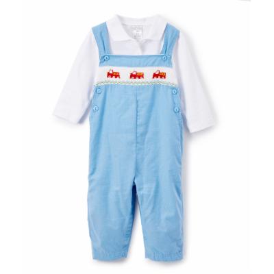 Petit Ami Boys' Overalls BLUE - Blue Firetruck Smocked Overalls & White Polo - Infant