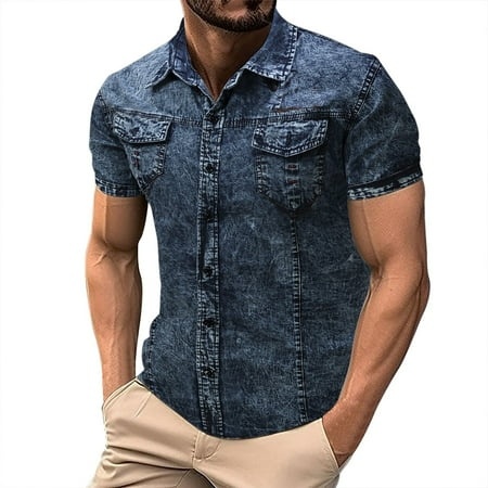 YiHWEI Men S Retro Denim Shirt Short Sleeved Casual Shirt Summer 6990