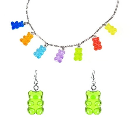Green Mini Gummy Bear Jewelry Set - Cute Resin Animal Pendant Necklace and Earrings Stainless Steel Chain Waterproof Accessories -