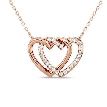 Diamond Duel Heart Necklace 1/8 Ct Tw in 10K Rose Gold  Embellished with 24 Round Natural Diamond and Gh Color  I1 Clarity  Micro Prong Setting  a Tre