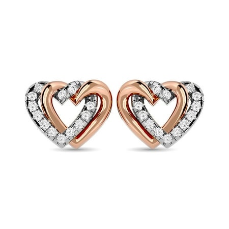 Diamond Duel Heart Earrings 1/6 Ct Tw in 10K Rose Gold  Embellished with 26 Round Natural Diamond and Gh Color  I1 Clarity  Micro Prong Setting  a Tre