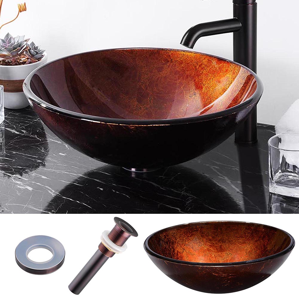 Aquaterior Retro Round Tempered Glass Vessel Sink P1 with ORB Mounting Ring and 1 1/2  Pop up Drain Combo Set Bathroom