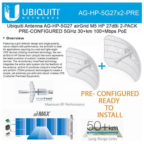 Ubiquiti 2-PACK AirGrid M5 HP 27dBi AG-HP-5G27 PRE-CONF 5GHz 30+km 100+Mbps PoE