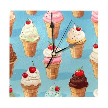 Ice Cream Modern Square Wood Wall Clock - 7.87 in  Silent Non-Ticking Battery Operated Clock for Home Decor  Stylish and Quiet - Premium Wooden Frame