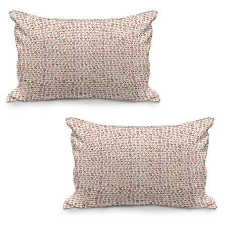 Dessert Quilted Pillowcover Set of 2  Confectionary Pattern of Pretzels and Candies on Pinky Polka Dotted Background  Standard Queen Size Pillow Cover