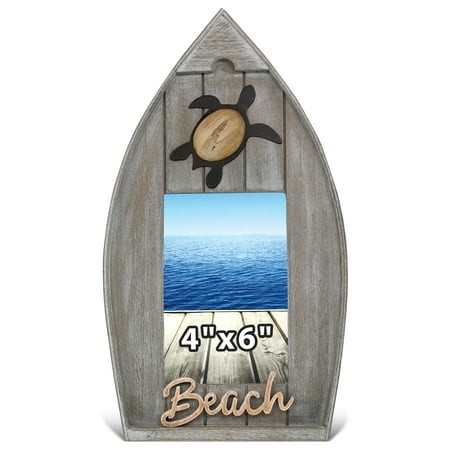 CoTa Global Coastal Sea Turtle Boat 4x6 Frame - Grey Distressed Wood Boat Photo Frame for Summer Vacation Memory  Handmade Boat-Shaped Nautical Pictur