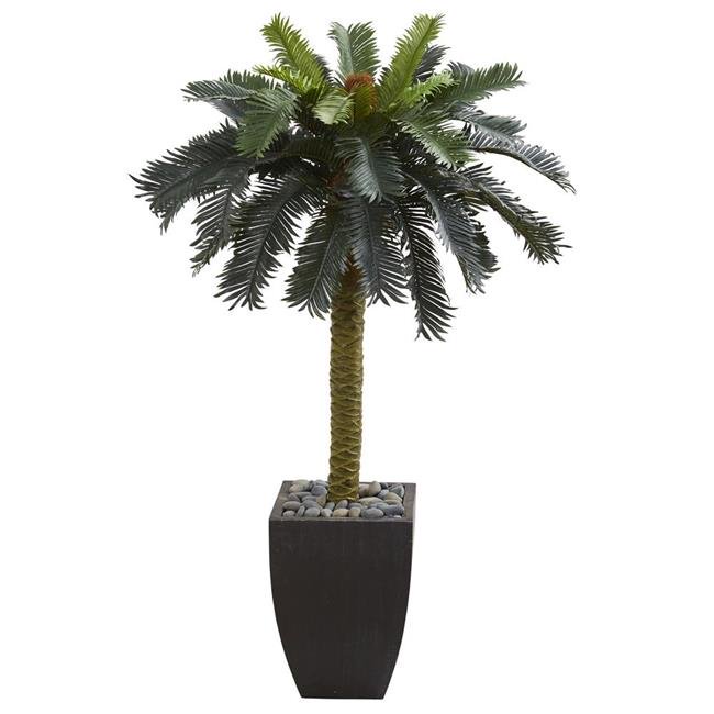 Nearly Natural 4.5' Sago Artificial Palm Tree in Black Planter - Green