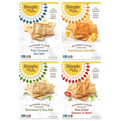Simple Mills Almond Flour Crackers, Variety Pack (Fine Ground Sea Salt, Rosemary & Sea Salt, Farmhouse Cheddar, and Sun-Dried Tomato & Basil) - Gluten