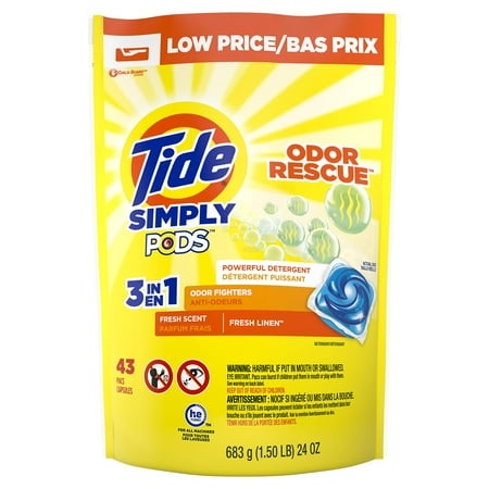 Tide Simply Pods Odor Rescue Liquid Laundry Detergent Pacs  3 in 1 Powerful Detergent  Odor Fighters  Fresh Scent  43Count